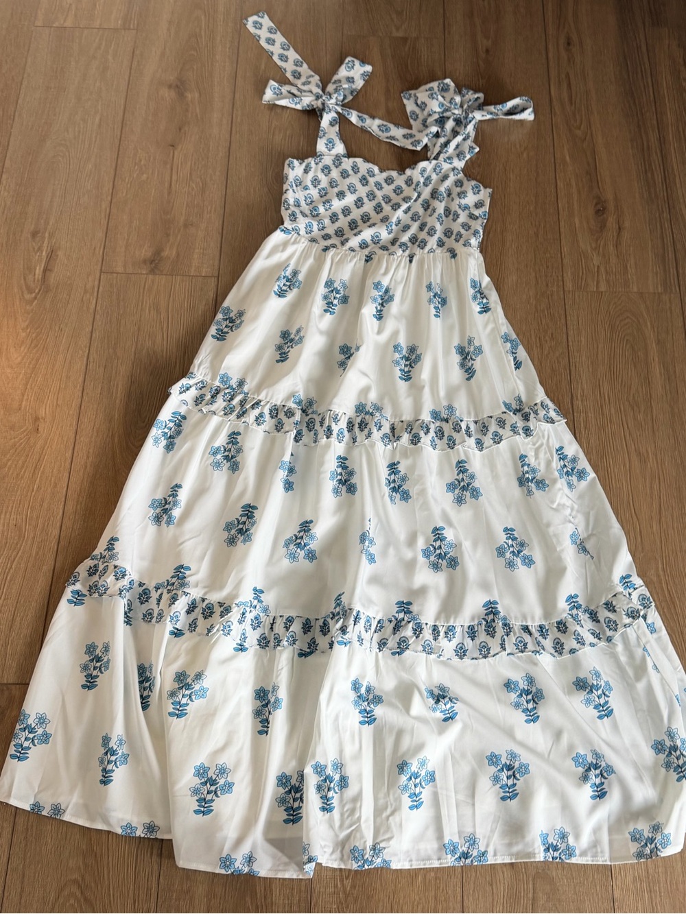 White Maxi Dress with Blue Floral Print